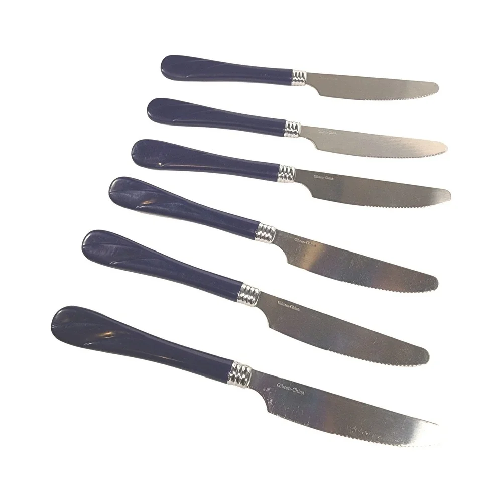 Gibson China Dinner Knives Set of 6 Navy‎ Blue Swirl Handle Serrated